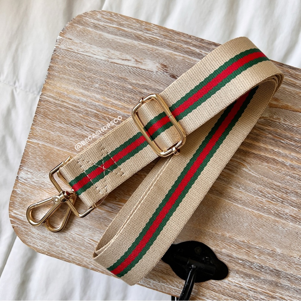 Tan Red and Green Web Canvas Purse Strap Replacement - Picture 2 of 7